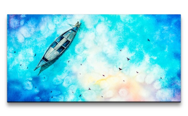Leinwandbild 120x60cm Fischerboot von Oben Malerisch Kunstvoll Wolken Märchenhaft