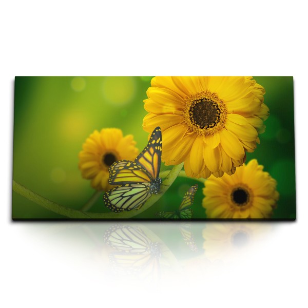 Kunstdruck Bilder 120x60cm Gelbe Blumen Blüten Sommer Schmetterlinge