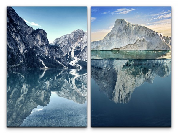 2 Bilder je 60x90cm Berge Eisberg Schneegipfel Reflexion Klarheit Stille Kühl