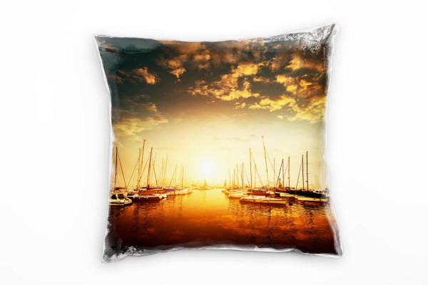 Meer, orange, Segelboote, Hafen, Sonnenuntergang Deko Kissen 40x40cm für Couch Sofa Lounge Zierkisse