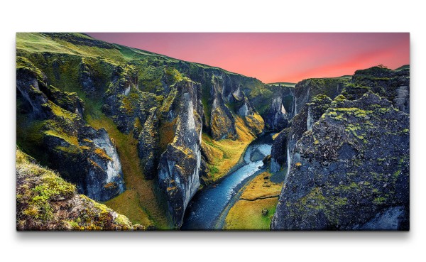 Leinwandbild 120x60cm Island Natur Schlucht Moos Grün Fluss Klippen