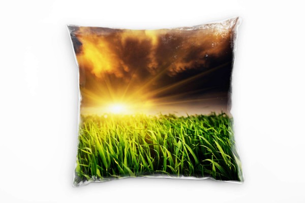 Natur, grün, orange, Gras, dramatische Wolken Deko Kissen 40x40cm für Couch Sofa Lounge Zierkissen