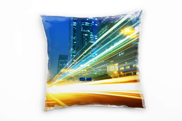 Urban und City, blau, orange, Lichtlinien, Bewegung Deko Kissen 40x40cm für Couch Sofa Lounge Zierki