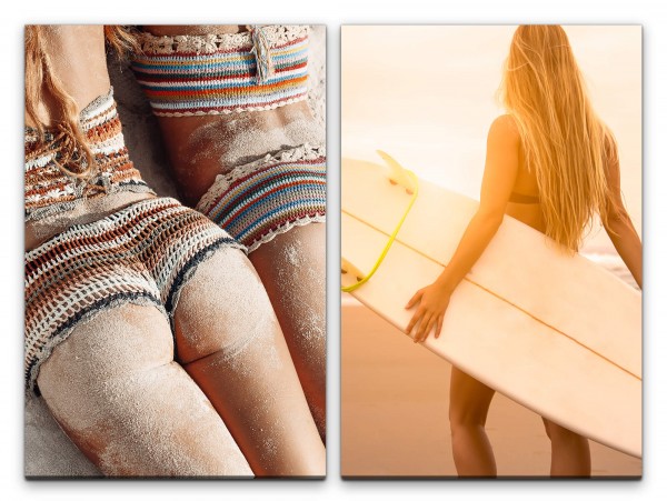 2 Bilder je 60x90cm Bikini Sandstrand Surfen Surfbrett Urlaub Erholung Sonne