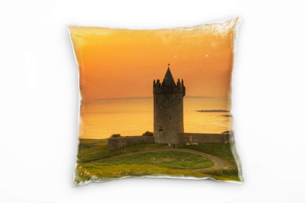 Landschaft, orange, grün, Castle, Irland, Sonnenuntergang Deko Kissen 40x40cm für Couch Sofa Lounge