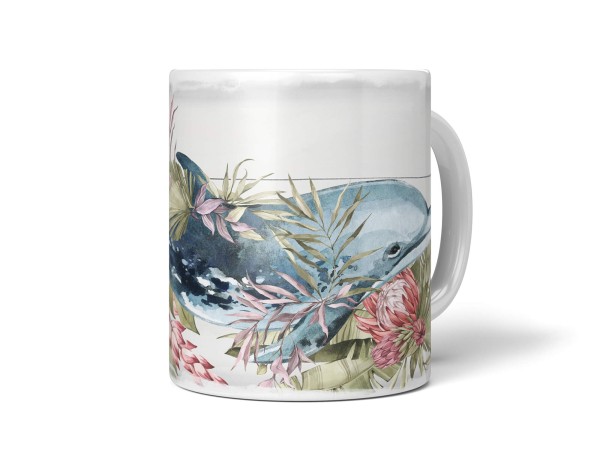 Dekorative Tasse mit schönem Motiv Delfin Blumen Blüten Exotisch Wasserfarben Vintage