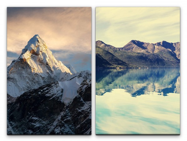 2 Bilder je 60x90cm Mount Everest Berggipfel Bergsee Berge Natur Bergspitze Wolken
