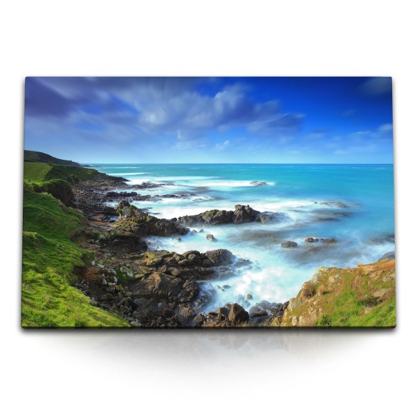 120x80cm Wandbild auf Leinwand Neuseeland Küste Meer Felsen Blau Horizont