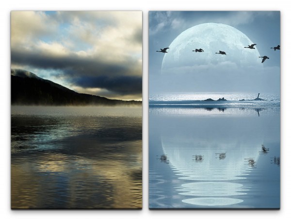 2 Bilder je 60x90cm Berg Horizont Vollmond Enten Mystisch Wolken Mond