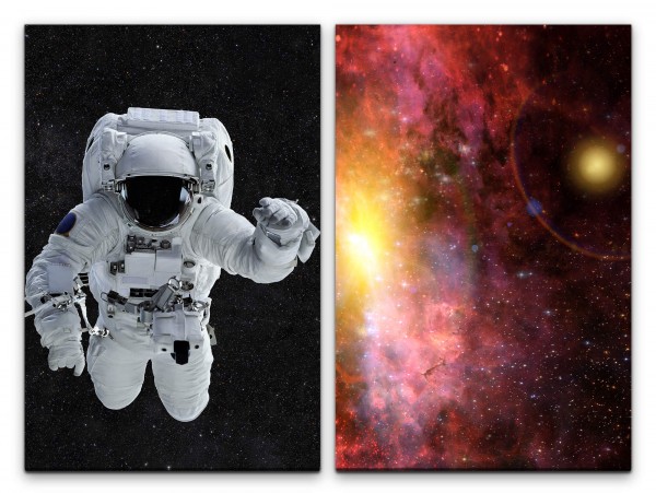 2 Bilder je 60x90cm Astronaut Galaxie Weltall Universum Sterne Fantasie Schwerelos