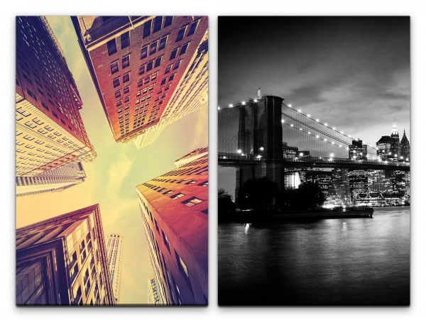 2 Bilder je 60x90cm Brooklyn Bridge New York Wolkenkratzer Nacht Architektur Großstadt USA