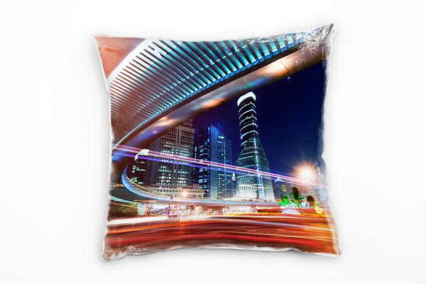 Urban und City, blau, rot, Lichtstreifen, Hauptstadt Deko Kissen 40x40cm für Couch Sofa Lounge Zierk