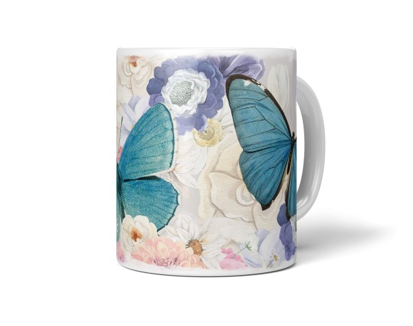 Dekorative Tasse mit schönem Motiv blaue Schmetterlinge Blumen Blüten Sommer Vintage