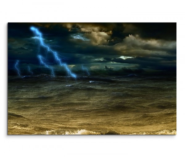 120x80cm Wandbild Ozean Meer Wellen Sturm Wolken Blitze