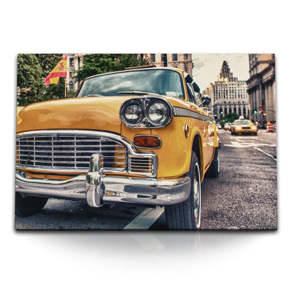 120x80cm Wandbild auf Leinwand Oldimer Taxi gelbes Taxi New York altes Auto