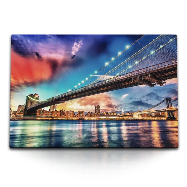 120x80cm Wandbild auf Leinwand Brooklyn und Manhattan Bridge New York Abenddämmerung