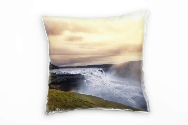 Natur, orange, grün, grau, Dettifoss Wasserfall, Island Deko Kissen 40x40cm für Couch Sofa Lounge Zi
