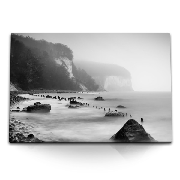 120x80cm Wandbild auf Leinwand Schwarz Weiß Fotokunst Küste Meer Klippen Nebel