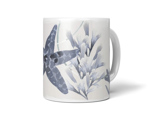 Dekorative Tasse mit schönem Motiv Seestern Koralle Aquarell Blau unter Wasser Wasserfarben