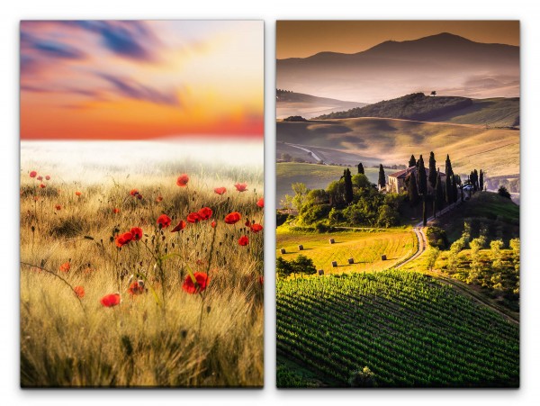 2 Bilder je 60x90cm Toskana Italien Mediterran Landschaft Mohnfeld Berge Idyllisch