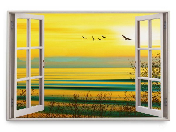 Wandbild 120x80cm Fensterbild Sonnenuntergang Abendrot Meer Horizont Vögel