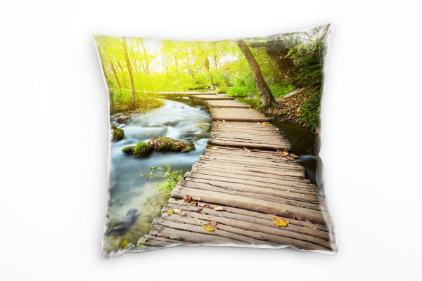 Natur, braun, grün, grau, Bach, lichtdurchfluteter Wald Deko Kissen 40x40cm für Couch Sofa Lounge Zi
