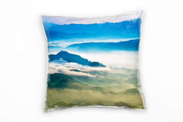 Landschaft, blau, grün, Berge, Nebel, China Deko Kissen 40x40cm für Couch Sofa Lounge Zierkissen