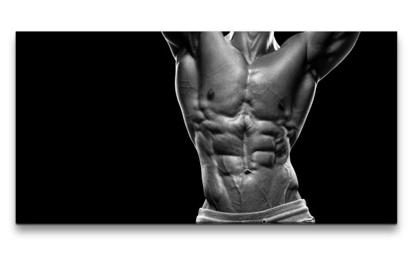 Leinwandbild 120x60cm Sexy Männerkörper Bodybuilder Sixpack Muskeln Kraftvoll Schwarz Weiß
