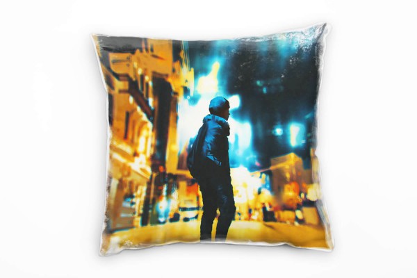 Illustration, City, Nacht, Mann, orange, blau Deko Kissen 40x40cm für Couch Sofa Lounge Zierkissen