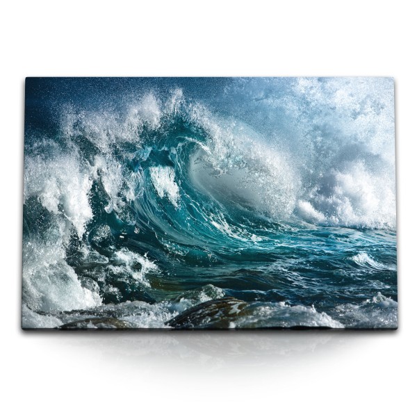 120x80cm Wandbild auf Leinwand Große Welle Meer Sturm Ozean Wasser Naturgewalt