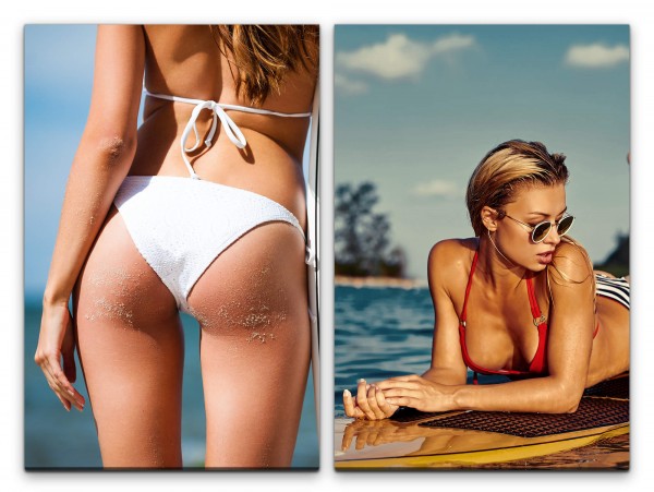 2 Bilder je 60x90cm Bikini Sexy Surfbrett Süden Sonnenbrille Urlaub Meer