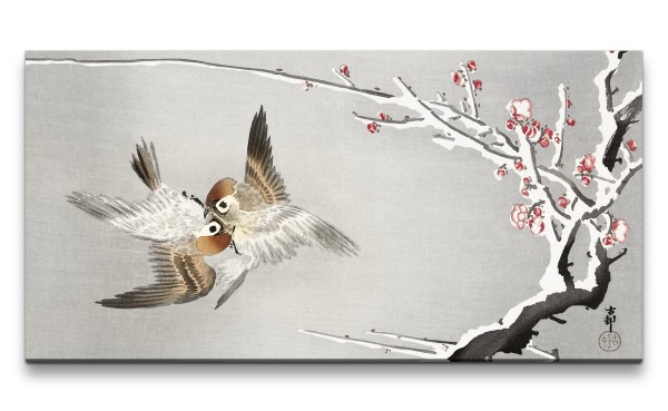 Remaster 120x60cm Ohara Koson traditionell japanische Kunst Schwalben kleine Vögel Ast Schnee
