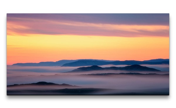 Leinwandbild 120x60cm Berge Himmel Horizont Abendröte Nebel Stille