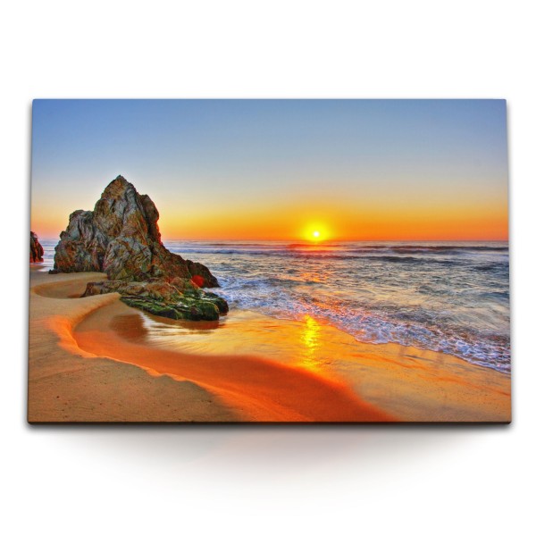 120x80cm Wandbild auf Leinwand Sonnenuntergang Meer Strand Fels Horizont Rot