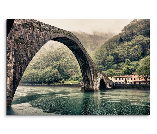 120x80cm Wandbild Toskana Fluss Brücke Berge Wald Nebel