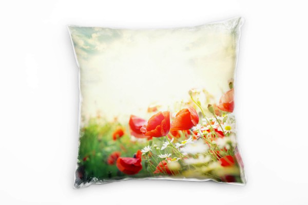 Blumen, rot, blau, grün, Klatschmohn und Margeriten Deko Kissen 40x40cm für Couch Sofa Lounge Zierki