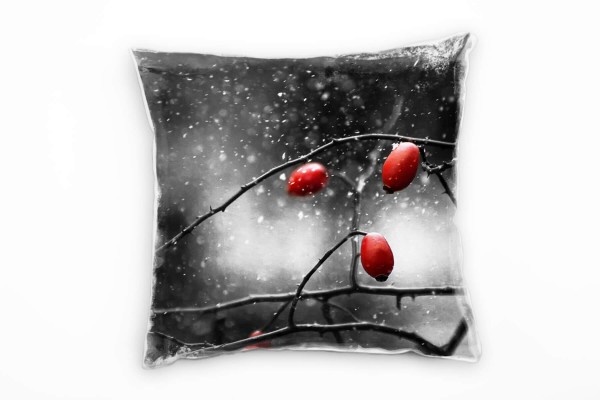 künstlerische Fotografie, Hagebutten, rot, grau Deko Kissen 40x40cm für Couch Sofa Lounge Zierkissen