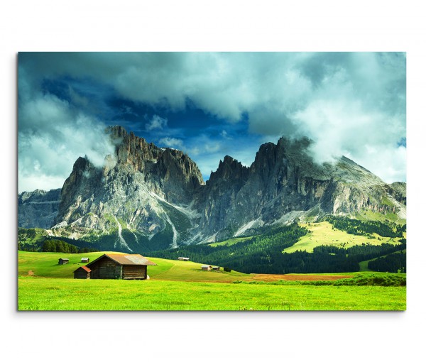 120x80cm Wandbild Alpen Berge Wiesen Holzhütte Wolken
