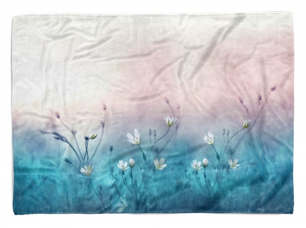 Handtuch Strandhandtuch Saunatuch Kuscheldecke mit Fotomotiv weiße Blumen Blau