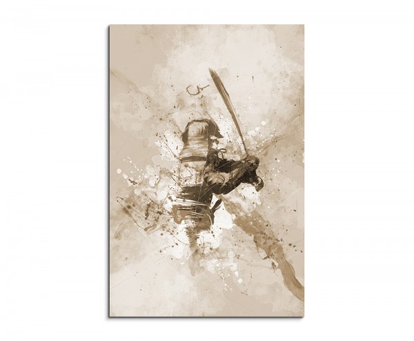 Samurai 90x60cm Aquarell Art Leinwandbild Sepia
