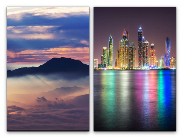 2 Bilder je 60x90cm Dubai Skyline Nacht Berge Wolken Kontrast Gigantisch
