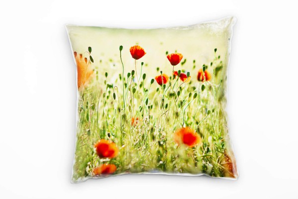 Blumen, grün, rot, Klatschmohn, Wiese Deko Kissen 40x40cm für Couch Sofa Lounge Zierkissen
