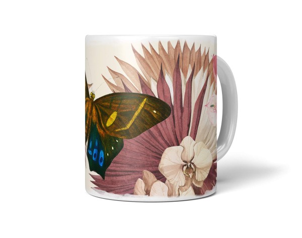 Dekorative Tasse mit schönem Motiv Schmetterling Blumen Blüten Exotisch Vintage Pastelltöne