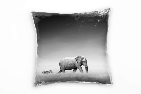 Tiere, schwarz, weiß, Elefant und Zebra Deko Kissen 40x40cm für Couch Sofa Lounge Zierkissen