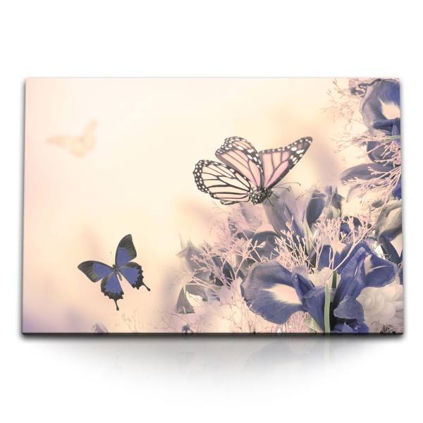 120x80cm Wandbild auf Leinwand Frühling Schmetterlinge Blumen Blüten Sonnenschein