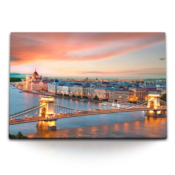 120x80cm Wandbild auf Leinwand Budapest historische Stadt Brücke Sonnenuntergang