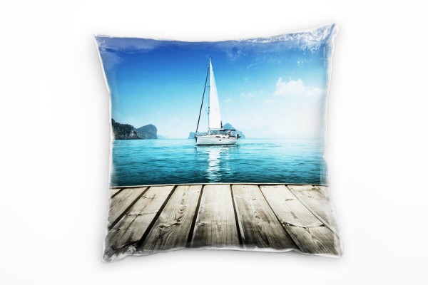 Strand und Meer, Steg, grau, Boot, türkis Deko Kissen 40x40cm für Couch Sofa Lounge Zierkissen