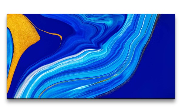 Leinwandbild 120x60cm Fließende Farben Blau Gold Dekorativ Modern