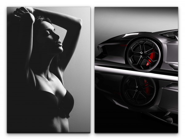 2 Bilder je 60x90cm Aktfotografie schöne Frau Sexy Schwaz Weiß Lamborghini Super-Car Traumauto