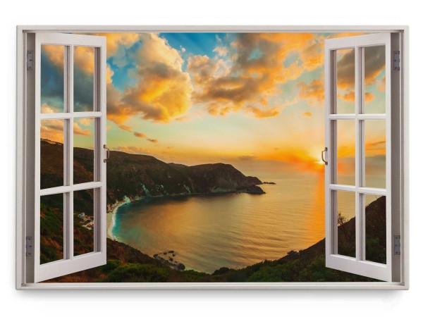 Wandbild 120x80cm Fensterbild Roter Himmel Bucht Meer Abendrot Sonnenuntergang